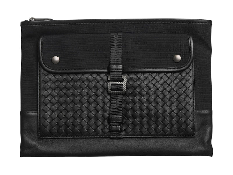 Bottega Veneta Intrecciato Leather & Canvas Clutch Black