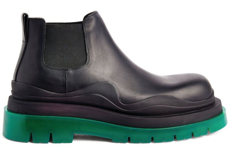 Bottega Veneta Leather Tire Chunky Sole Ankle Chelsea Boot Black Green