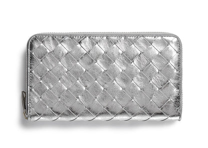 Bottega Veneta Zip Around Wallet Intrecciato Silver