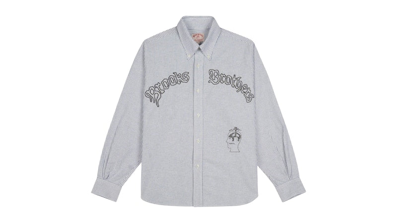 Brain Dead Brooks Brothers California Embroidered Striped Oxford Button Up Shirt Blue