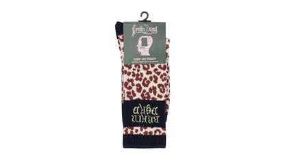 Brain Dead Paneled Logo Crew Socks Maroon Leopard/Navy