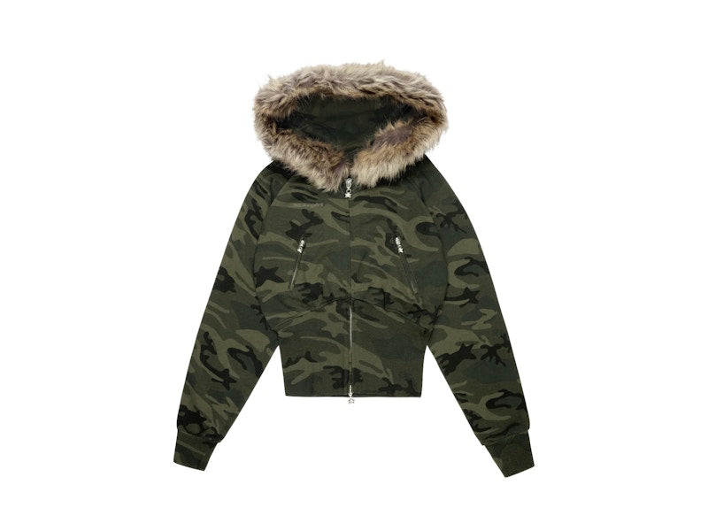 Broken Planet Faux Fur Zip-Up Hoodie Green Star Camo