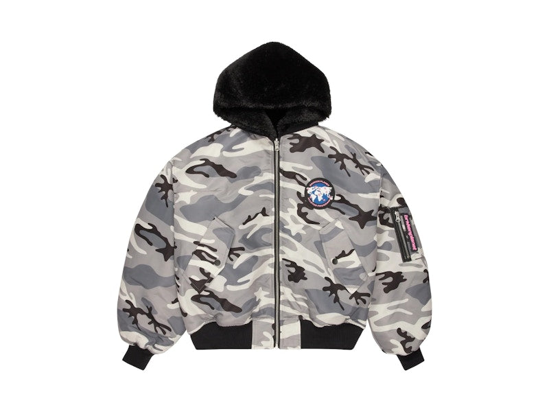 Broken Planet Reversible Snow Camo Fur Bomber Jacket Camo/Black