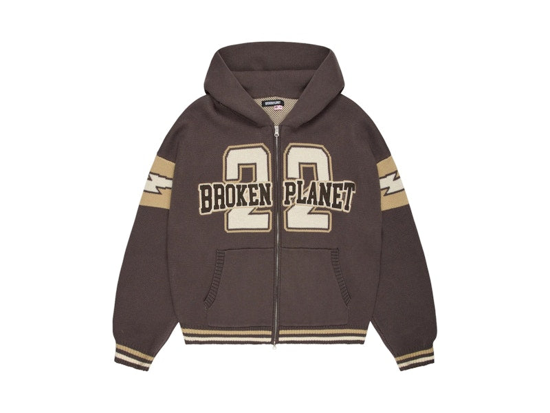 Broken Planet Varsity Knit Zip-Up Hoodie Chocolate Brown
