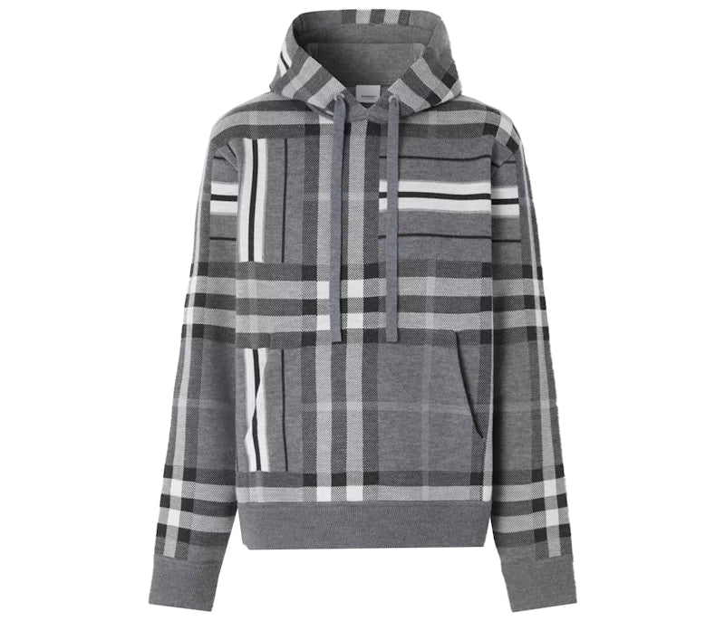 Burberry Check And Stripe Wool Blend Jacquard Hoodie Dark Grey Melange