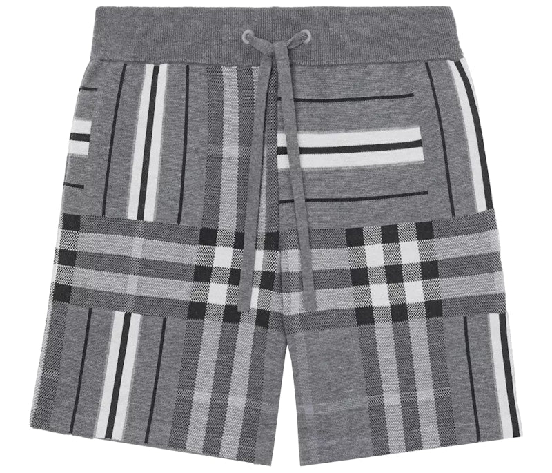 Burberry Check And Stripe Wool Blend Jacquard Shorts Dark Grey Melange