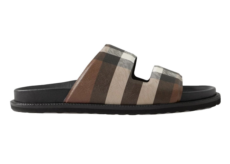 Burberry Check Cotton Canvas Slides Dark Birch Brown