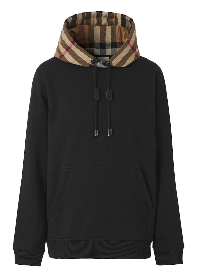 Burberry Check Hood Cotton Blend Hooded Sweatshirt Black Beige