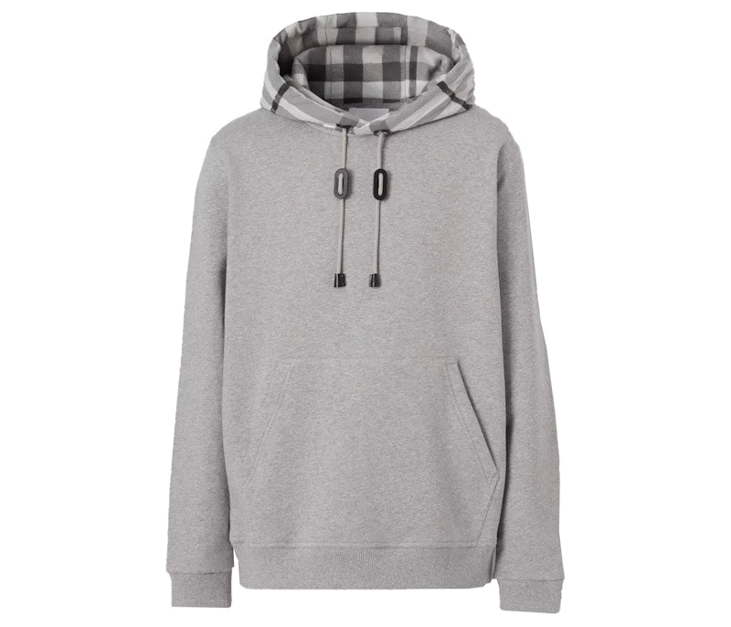 Burberry Check Hood Cotton Hoodie Pale Grey Melange