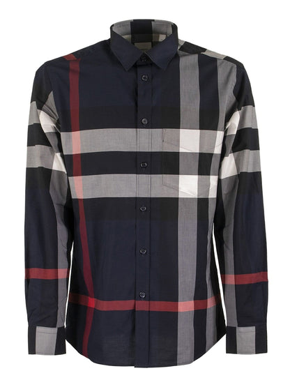 Burberry Check Stretch Cotton Poplin Shirt Navy