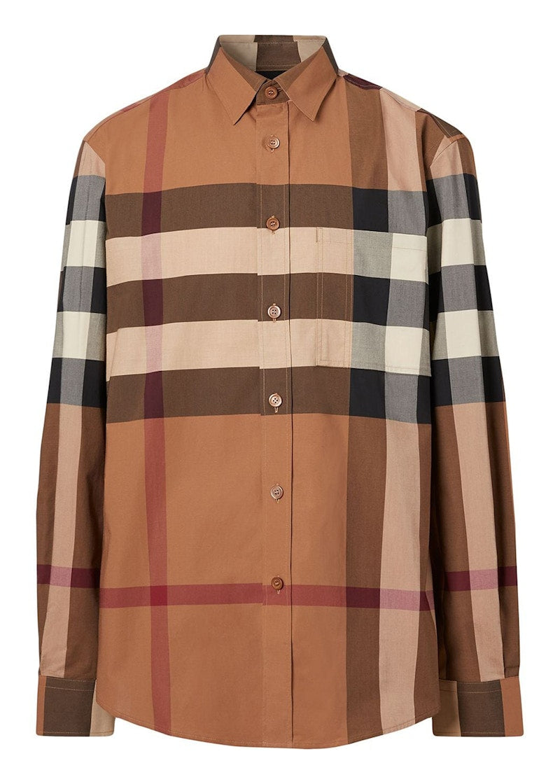 Burberry Check Stretch Poplin Long Sleeve Shirt Brown