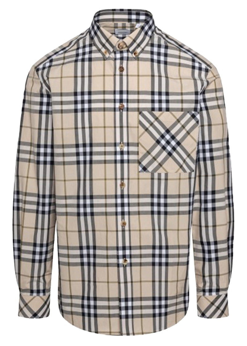Burberry Check Stretch Poplin Long Sleeve Shirt Soft Fawn