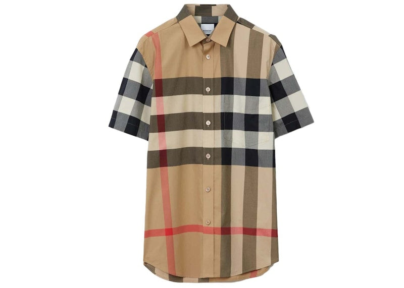 Burberry Check Stretch Poplin Short Sleeve Shirt Archive Beige