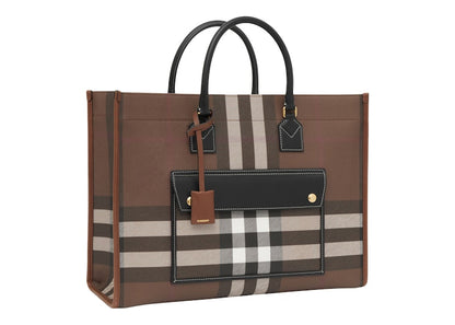 Burberry Check and Leather Freya Tote Bag Medium Dark Birch Brown
