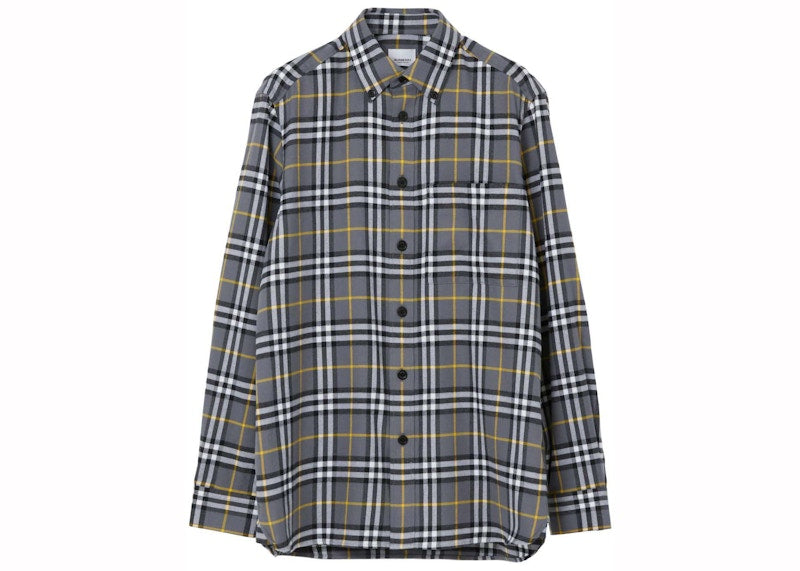 Burberry Check-Pattern Cotton Flannel Shirt Grey/Yellow