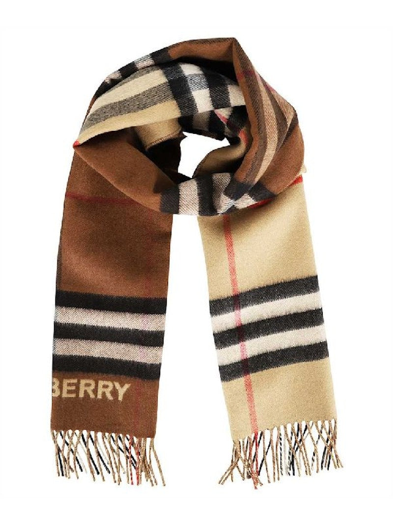 Burberry Contrast Cashmere Scarf Beige Birch Brown