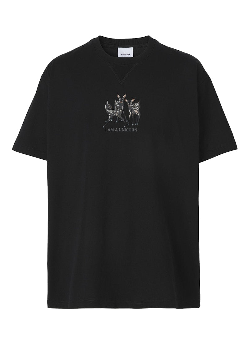 Burberry Embroidered Deer Cotton Oversized T-Shirt Black