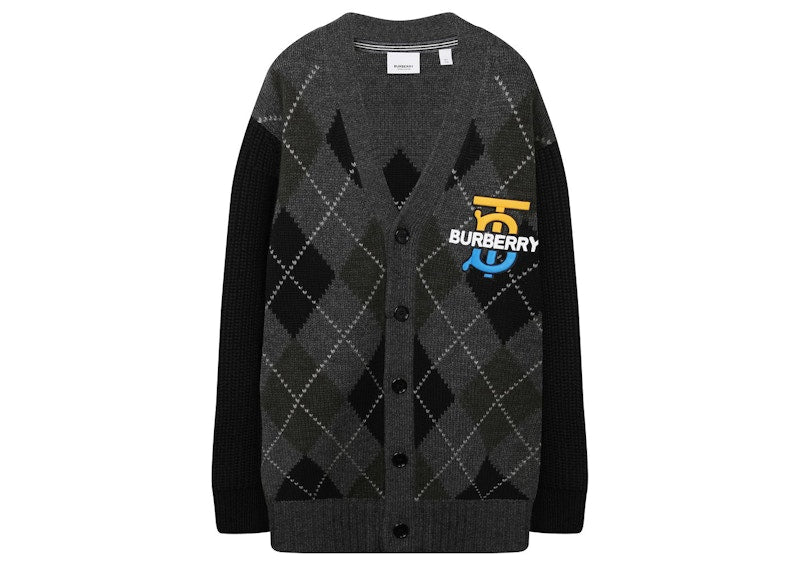 Burberry Embroidered Logo Argyle Cardigan Grey