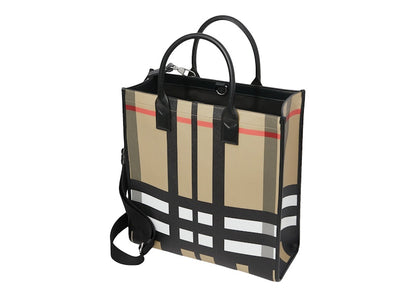Burberry Exaggerated Check and Leather Tote Bag Archive Beige/Black