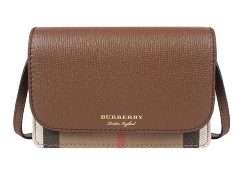 Burberry Hampshire Horse Check Canvas Derby Leather Crossbody Bag Tan