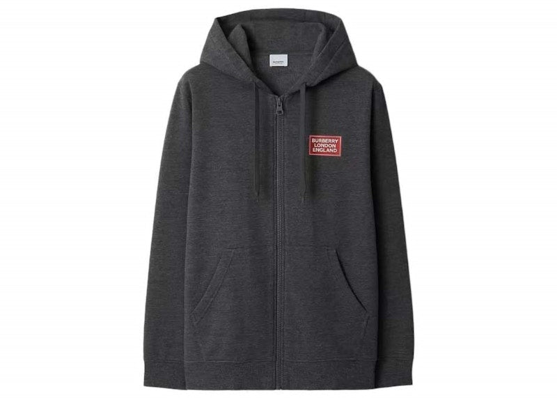 Burberry Hove Logo Print Zip Hoodie Dark Grey Melange