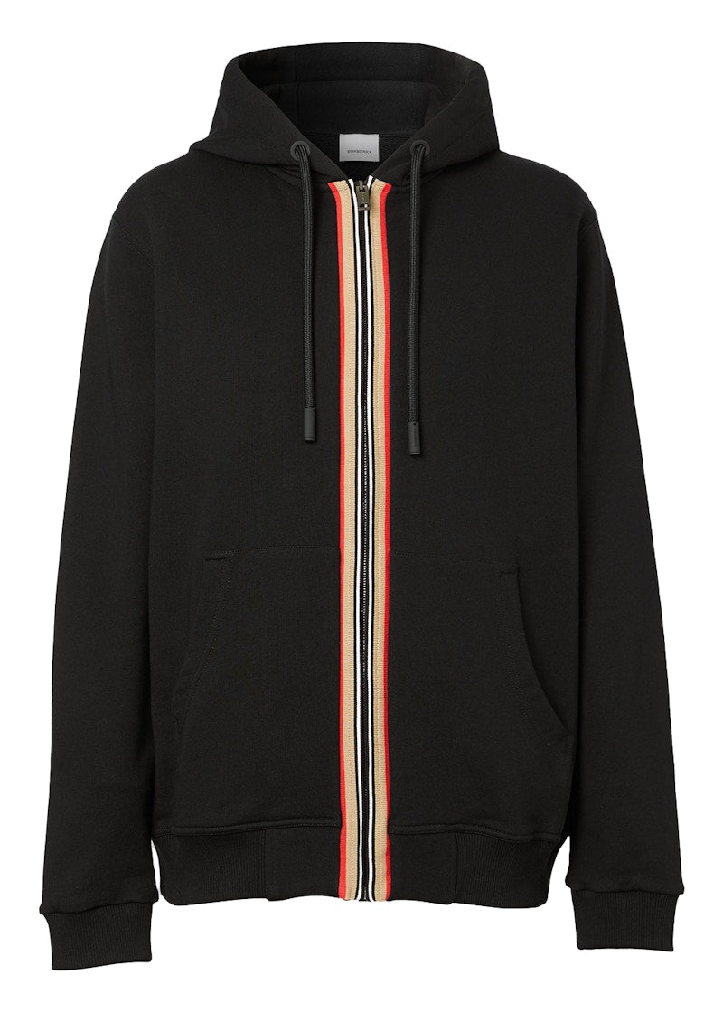 Burberry Icon Stripe Detail Cotton Zip-Front Hooded Sweatshirt Black/Beige