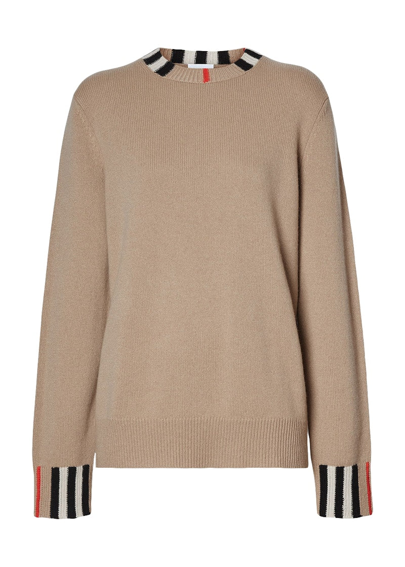 Burberry Icon Stripe Trim Cashmere Knit Sweatshirt Archive Beige