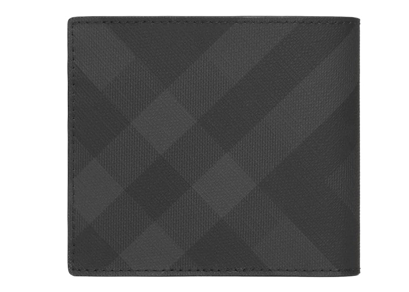 Burberry International Bifold Wallet London Check and Leather (8 Card Slot) Dark Charcoal