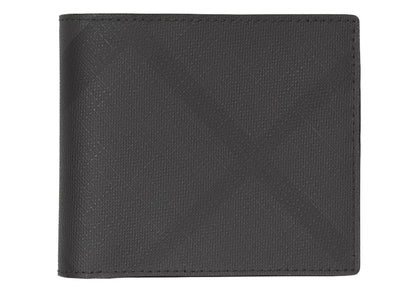 Burberry International Bifold Wallet London Check and Leather (8 Card Slot) Dark Charcoal