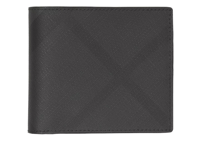 Burberry International Bifold Wallet London Check and Leather (8 Card Slot) Dark Charcoal