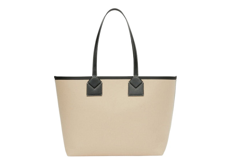 Burberry Label Print Cotton Medium London Tote Bag Beige/Black/Acrhive Beige