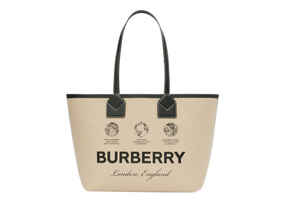 Burberry Label Print Cotton Medium London Tote Bag Beige/Black/Acrhive Beige