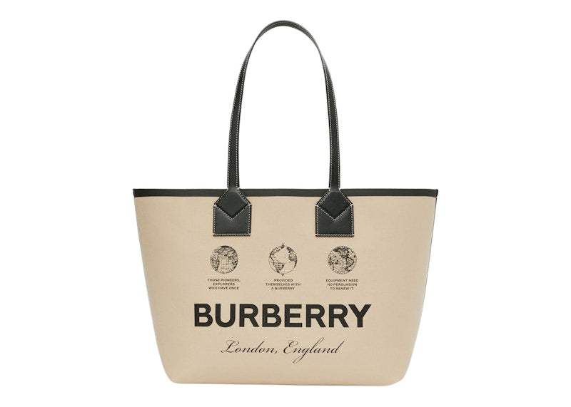 Burberry Label Print Cotton Medium London Tote Bag Beige/Black/Acrhive Beige