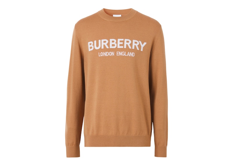 Burberry Logo Intarsia Wool Blend Sweater Camel/White
