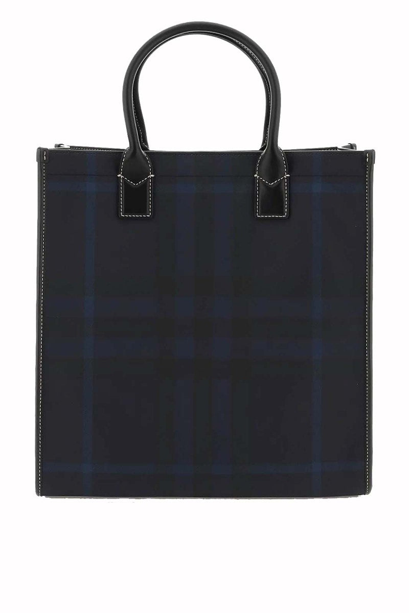 Burberry Logo Plaque Checked Tote Navy