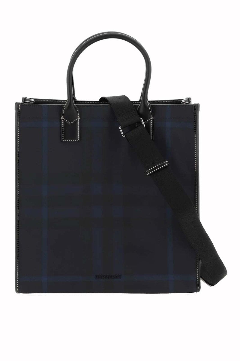 Burberry Logo Plaque Checked Tote Navy