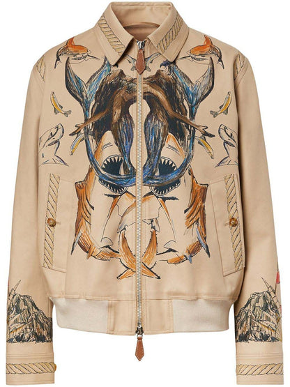 Burberry Marine Sketch-Print Harrington Jacket Beige/Multi