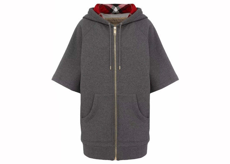 Burberry Oversized Short Sleeve Zip Up Check Hood Hoodie Grey