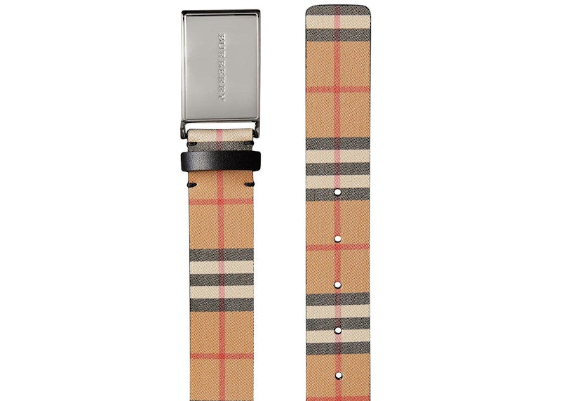 Burberry Plaque Buckle Vintage Check Leather Belt 1.4 Width Black