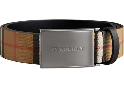 Burberry Plaque Buckle Vintage Check Leather Belt 1.4 Width Black