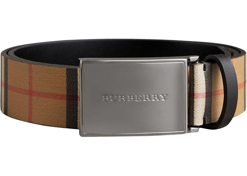Burberry Plaque Buckle Vintage Check Leather Belt 1.4 Width Black