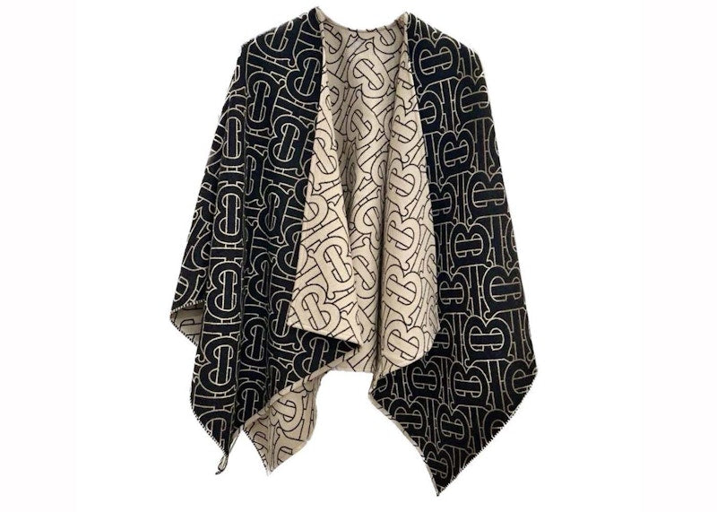 Burberry Reversible Icon TB Wool Poncho Cape Beige/Black