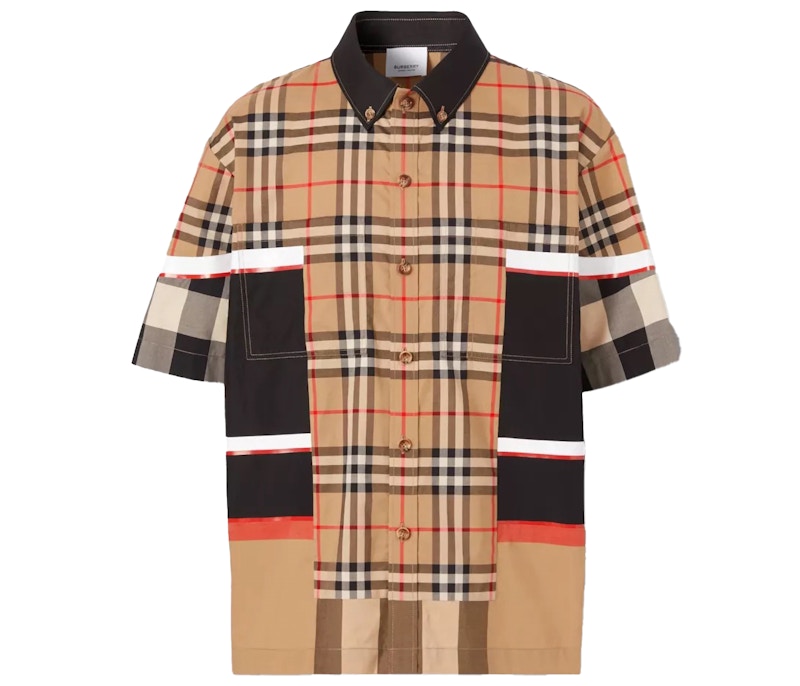 Burberry Short-Sleeve Patchwork Check Cotton Shirt Archive Beige