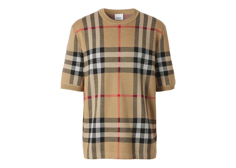 Burberry Short-sleeve Check Silk Wool Jacquard Top Archive Beige