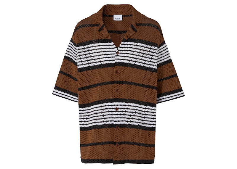 Burberry Short-sleeve Stripe Print Nylon Oversized Shirt Dark Birch Brown