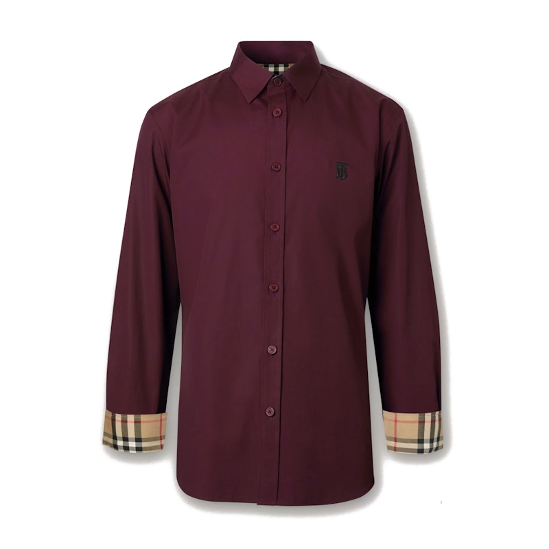 Burberry Slim Fit Monogram Motif Stretch Cotton Poplin Shirt Deep Maroon