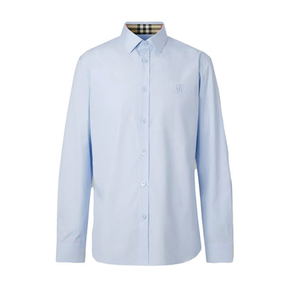 Burberry Slim Fit Monogram Motif Stretch Cotton Poplin Shirt Soft Cornflower Blue