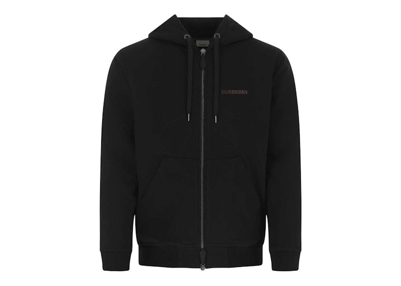 Burberry Stretch Cotton Logo Print Zip Up Hoodie Black