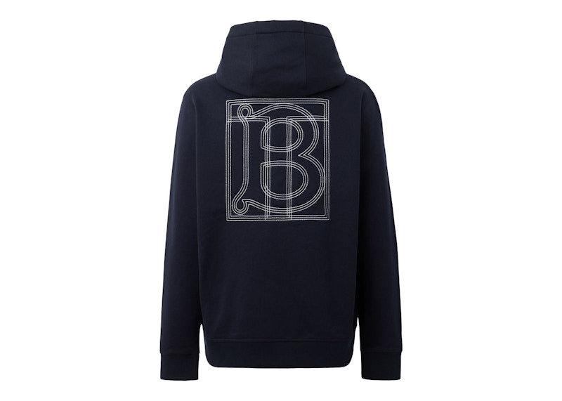 Burberry Topstitched Monogram Motif Cotton Oversized Hoodie Coal Blue
