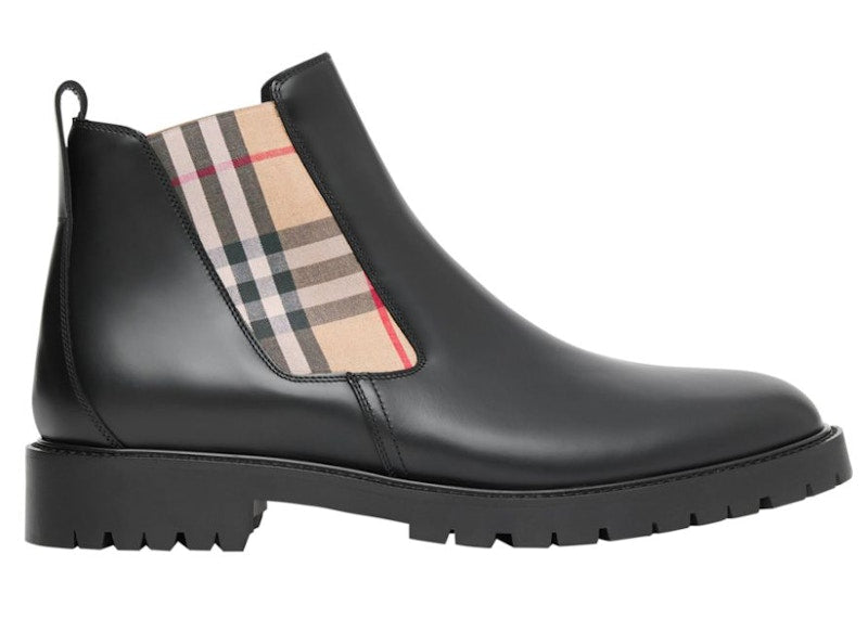 Burberry Vintage Check Leather Chelsea Boot Black Beige (Women's)